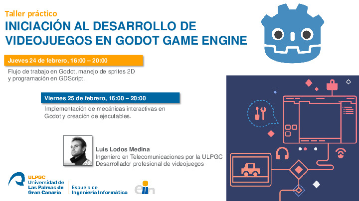 Cartel promocional de taller de videojuegos en godot game engine