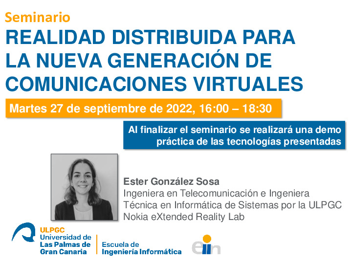 Cartel promocional del seminario  Realidad Distribuida para la Nueva Generación de Comunicaciones Virtuales