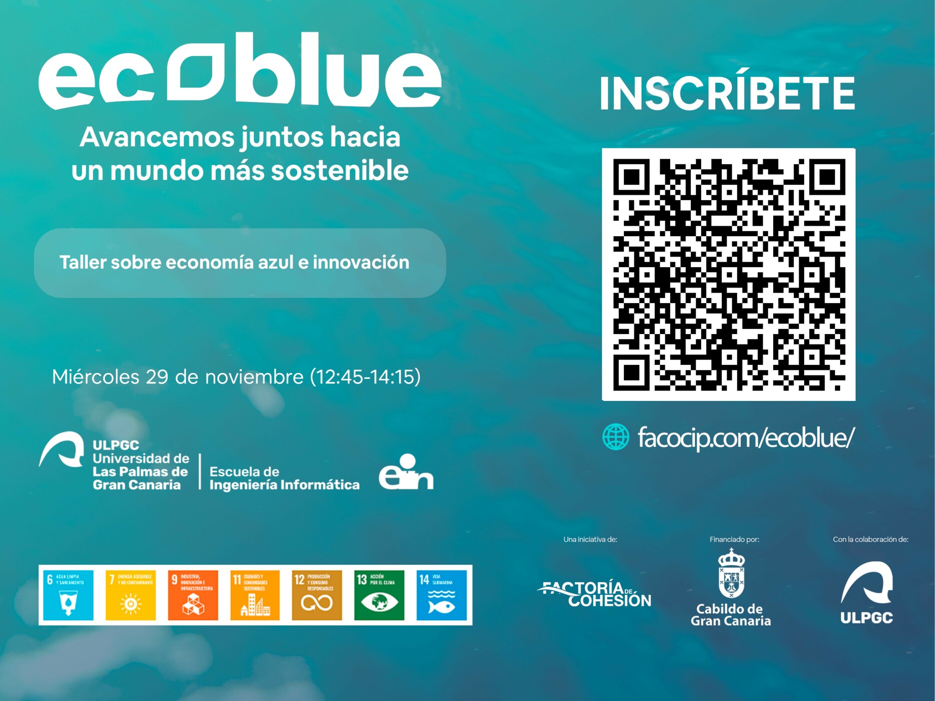 Cartel promocional de la jornada de Ecoblue con código qr a la página de inscripción