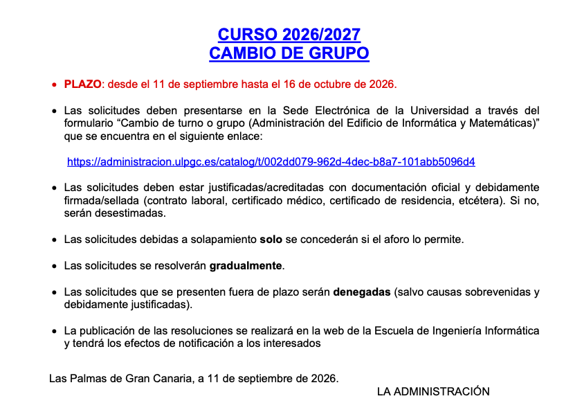 Cartel de plazos para el cambio de grupo de docencia