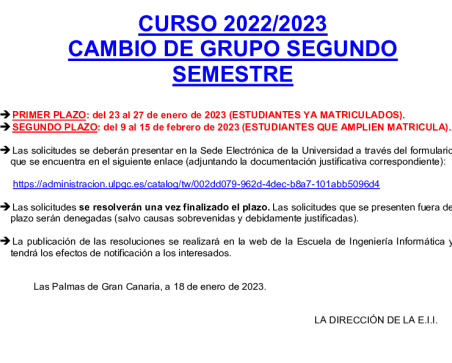 Cartel informativo para el CURSO 2022/2023 CAMBIO DE GRUPO SEGUNDO SEMESTRE