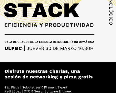 Cartel promocional de la charla Tall Stack con pizza gratis