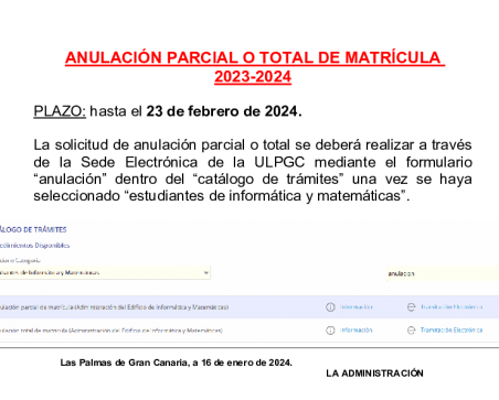 Cartel anulación voluntaria de matrícula hasta el 23 de febrero de 2024