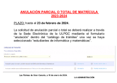 Cartel anulación voluntaria de matrícula hasta el 23 de febrero de 2024