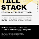 Cartel promocional de la charla Tall Stack con pizza gratis